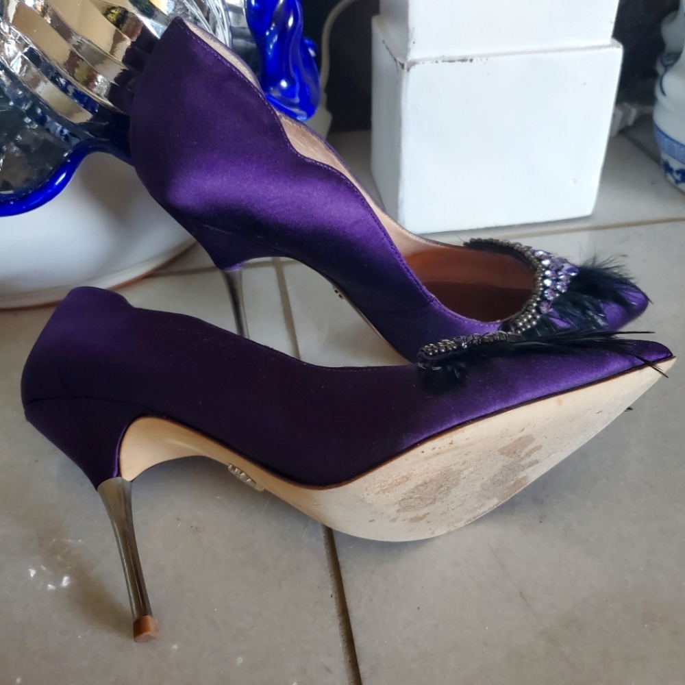 ABS Allen Schwartz -Purple satin, feather and jewel detail with two tone heel